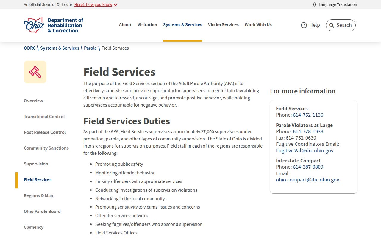 ODRC Adult Parole Authority field services for Wayne County parole supervision
