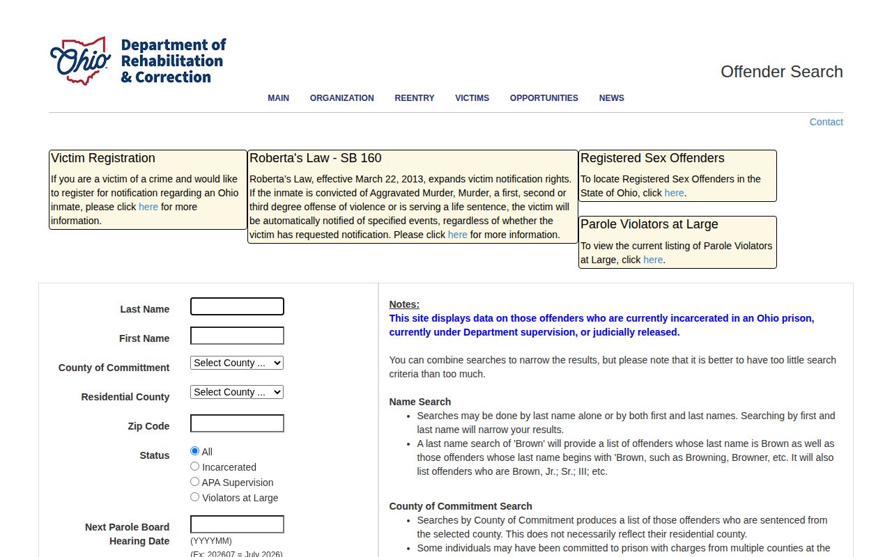 Wayne County released inmate filters in the ODRC offender search