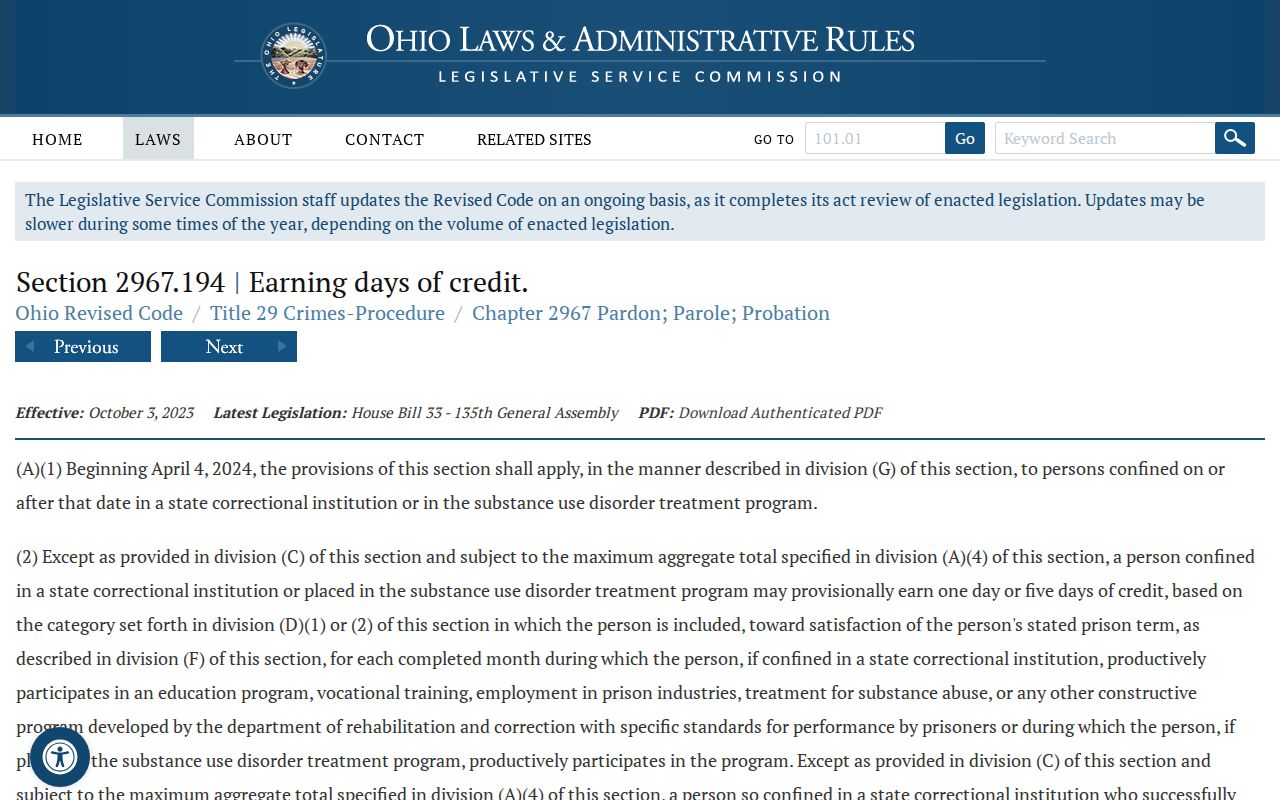 Ohio earned-credit statute used in a Wayne County projected release date