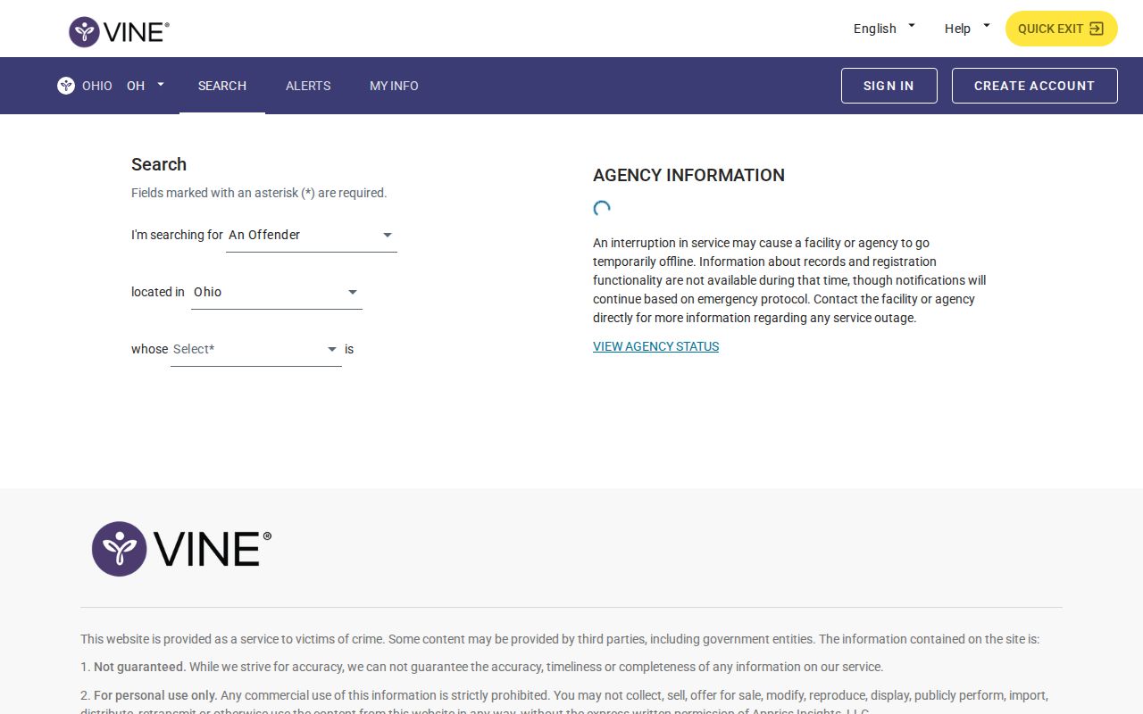 Ohio VINELink person result and Wayne County release notification workflow